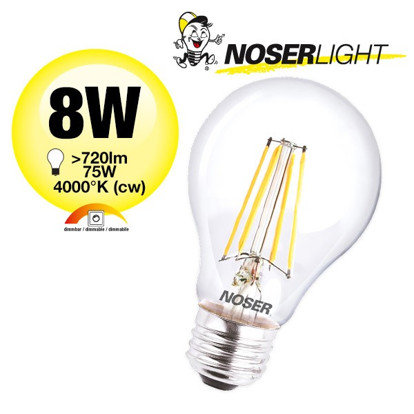 NOSER LED Filament A60, E27, 8W, clair, 4000K